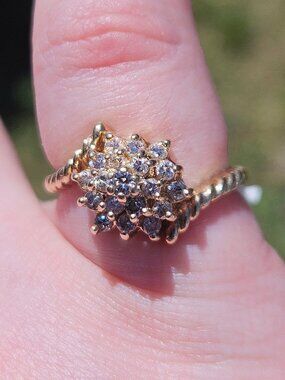 14K Yellow Gold Braided Band Raised Step Diamond Cocktail Cluster Ring Size 7